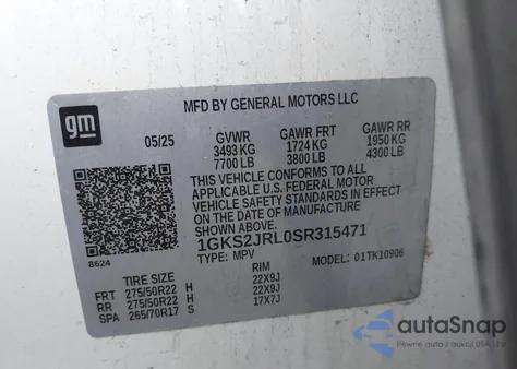 2025 GMC Yukon Xl 4Wd Denali z USA, uszkodzony, nr VIN 1GKS2JRL0SR315471